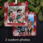 White snowflakes 2 family photo personalized red metal tree decoration<br><div class="desc">Rustic elegant winter snow red and white family keepsake tree ornament template with falling snowflakes frame.                       Easy to personalize with your 2 custom photos,  text script,  family name and year!</div>