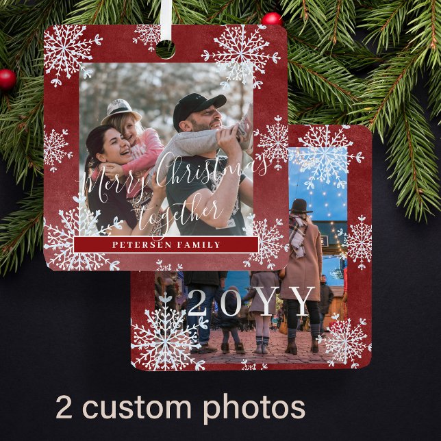 White snowflakes 2 family photo personalized red metal tree decoration (Creator Uploaded)