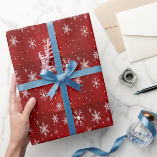 White Snowflakes and Red Background Wrapping Paper