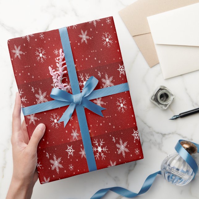 White Snowflakes and Red Background Wrapping Paper (Gifting)
