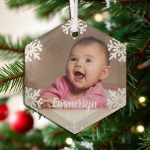 White Snowflakes Baby Photo Glass Tree Decoration