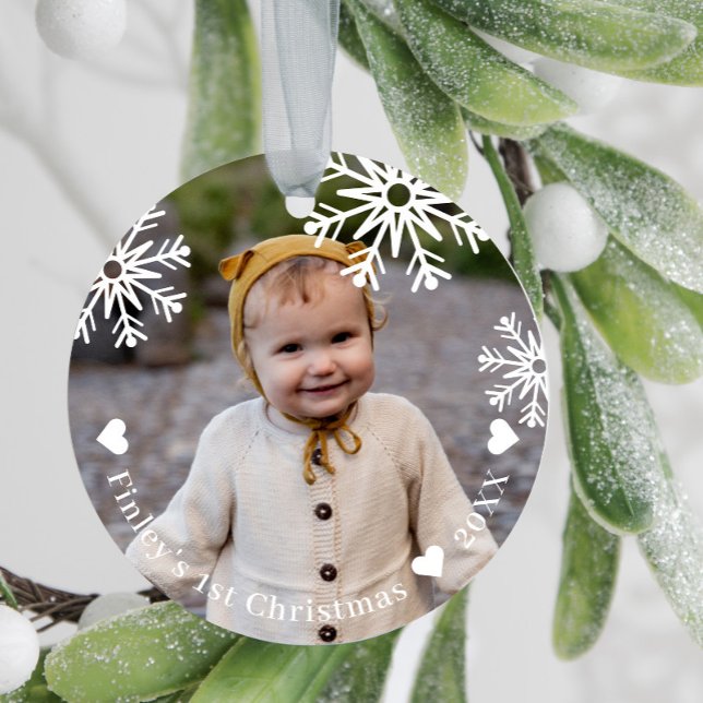 White Snowflakes Baby's First Christmas Photo Ceramic Tree Decoration (Creator Uploaded)