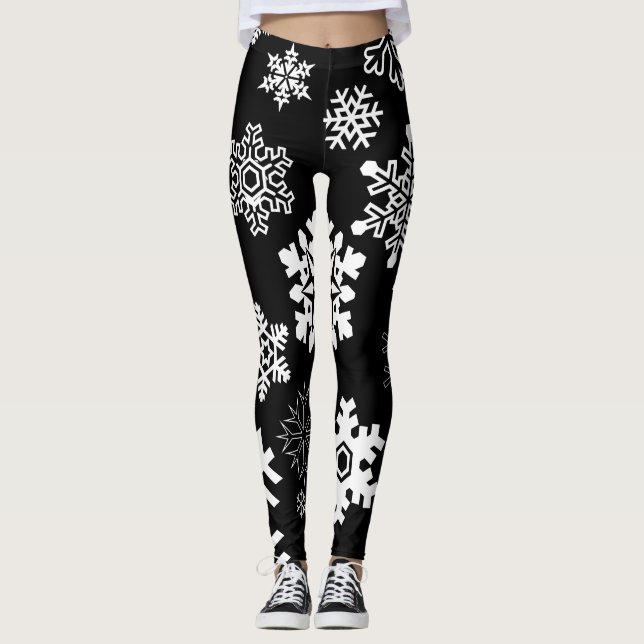 White Snowflakes - Black Leggings (Front)
