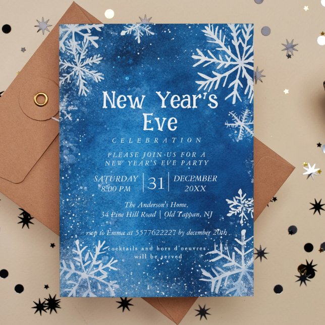 White Snowflakes Blue 1 New Year's Eve Party Invitation (Creator Uploaded)