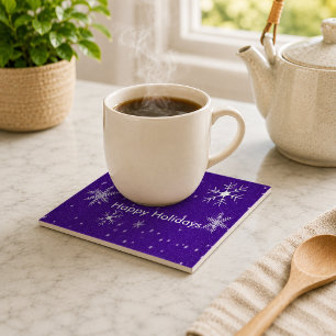 White Snowflakes Blue Backgrd Ceramic Photo Tile