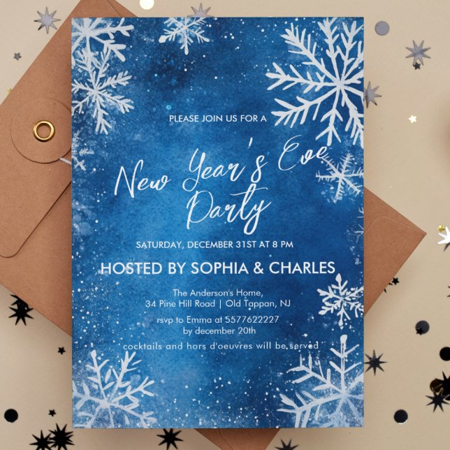 White Snowflakes Blue New Year's Eve Party Invitation (Creator Uploaded)