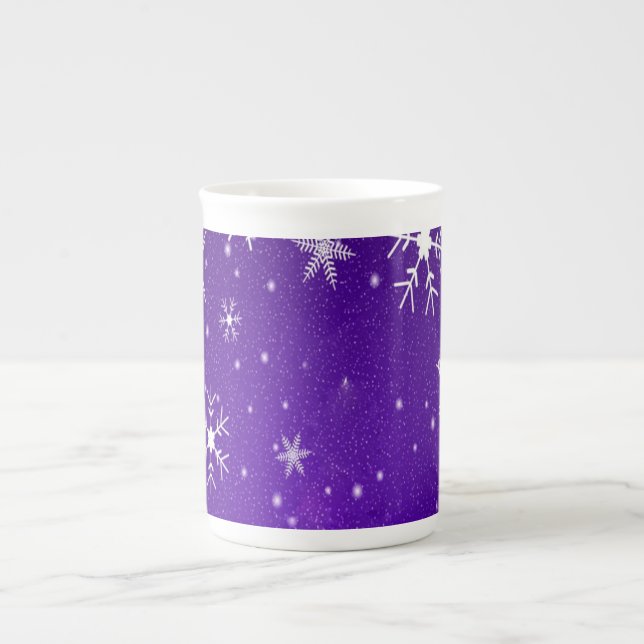 White Snowflakes Blue-Purple Backgd Bone China Mug (Front)