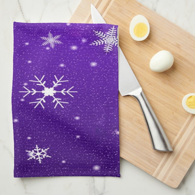 White Snowflakes Blue-Purple Backgrd Kitchen Towel (Quarter Fold)