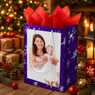 White Snowflakes Blue-Purple Backgrd Med Gift Bag