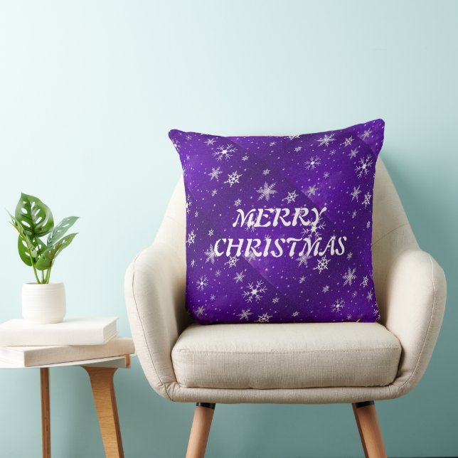 White Snowflakes Blue-Purple Backgrd Throw Pillow (Chair)