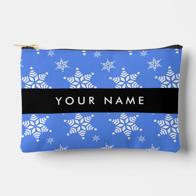 White Snowflakes, Blue, Your name, Personalise Accessory Pouch (Front)