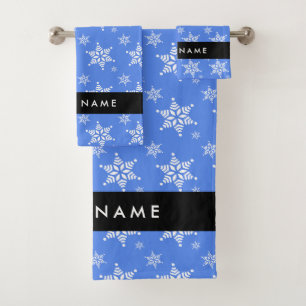 White Snowflakes, Blue, Your name, Personalise Bath Towel Set