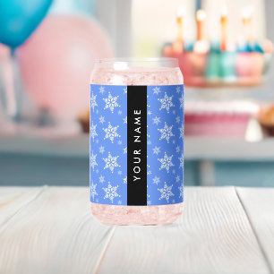 White Snowflakes, Blue, Your name, Personalise Can Glass