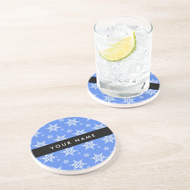 White Snowflakes, Blue, Your name, Personalise Coaster (Side)