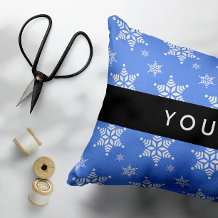White Snowflakes, Blue, Your name, Personalise Decorative Cushion