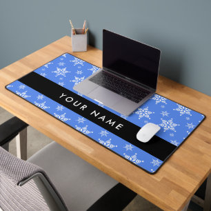 White Snowflakes, Blue, Your name, Personalise Desk Mat