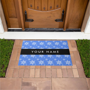 White Snowflakes, Blue, Your name, Personalise Doormat