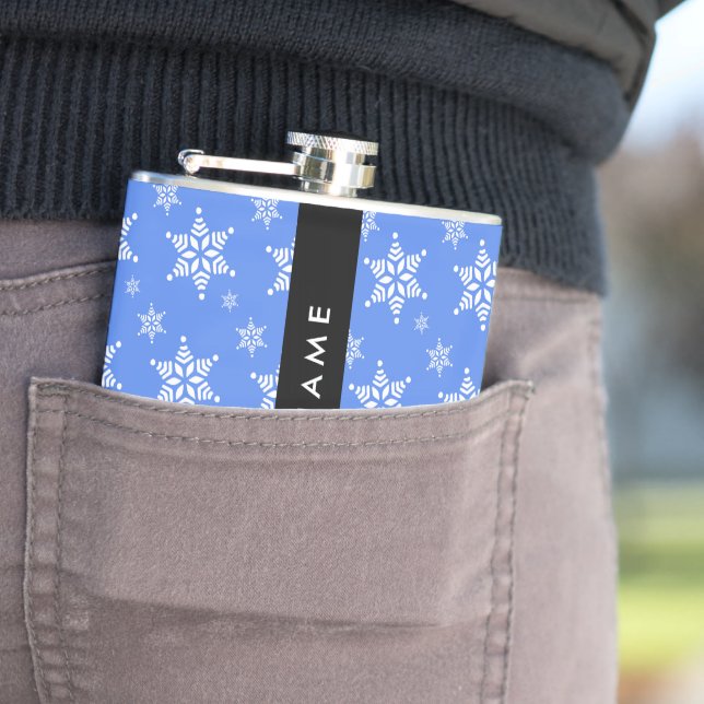 White Snowflakes, Blue, Your name, Personalise Hip Flask (In Situ)