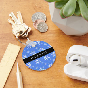 White Snowflakes, Blue, Your name, Personalise Key Ring