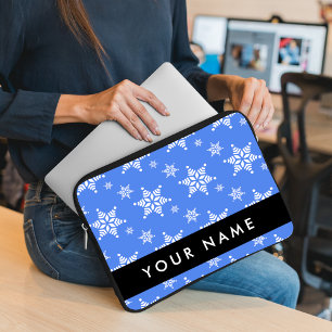 White Snowflakes, Blue, Your name, Personalise Laptop Sleeve
