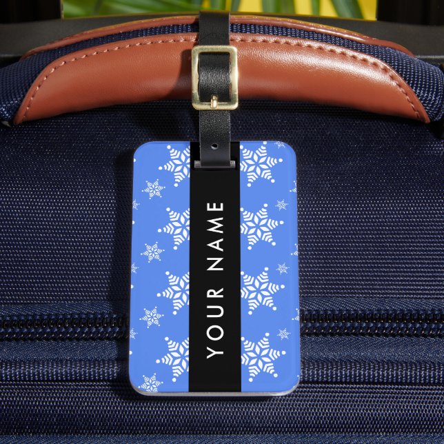 White Snowflakes, Blue, Your name, Personalise Luggage Tag (Front Insitu 2)