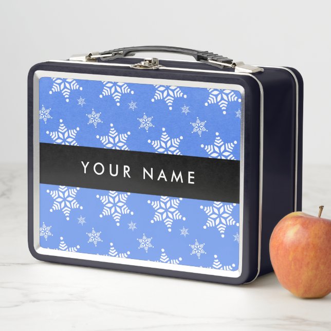 White Snowflakes, Blue, Your name, Personalise Metal Lunch Box (In Situ)