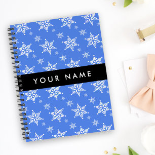 White Snowflakes, Blue, Your name, Personalise Notebook