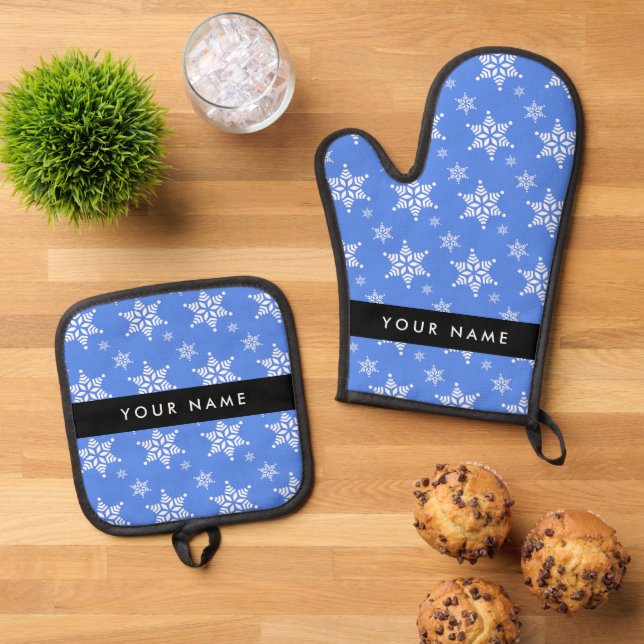 White Snowflakes, Blue, Your name, Personalise Oven Mitt & Pot Holder Set (Top Down)