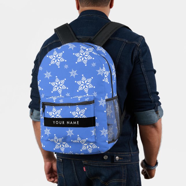 White Snowflakes, Blue, Your name, Personalise Printed Backpack (Insitu (Model))