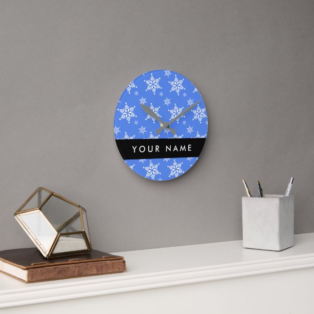 White Snowflakes, Blue, Your name, Personalise Round Clock (Office)