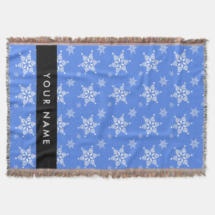 White Snowflakes, Blue, Your name, Personalise Throw Blanket