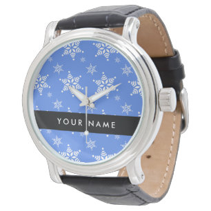 White Snowflakes, Blue, Your name, Personalise Watch