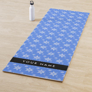 White Snowflakes, Blue, Your name, Personalise Yoga Mat