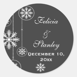 White snowflakes charcoal wedding Save the Date Classic Round Sticker