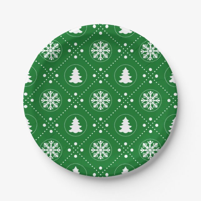 White Snowflakes Christmas Trees Green Design Paper Plate (Front)