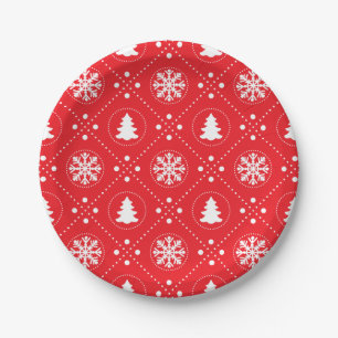 White Snowflakes Christmas Trees Red Design Paper Plate