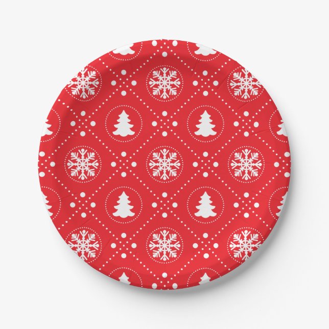 White Snowflakes Christmas Trees Red Design Paper Plate (Front)