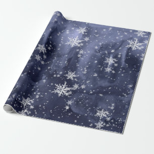 White Snowflakes Dark Navy Blue Winter Night Wrapping Paper