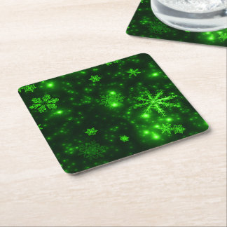 White Snowflakes Deep Green Paper Coasters