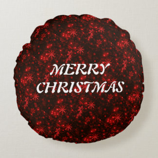 White Snowflakes Deep Red Background Round Cushion