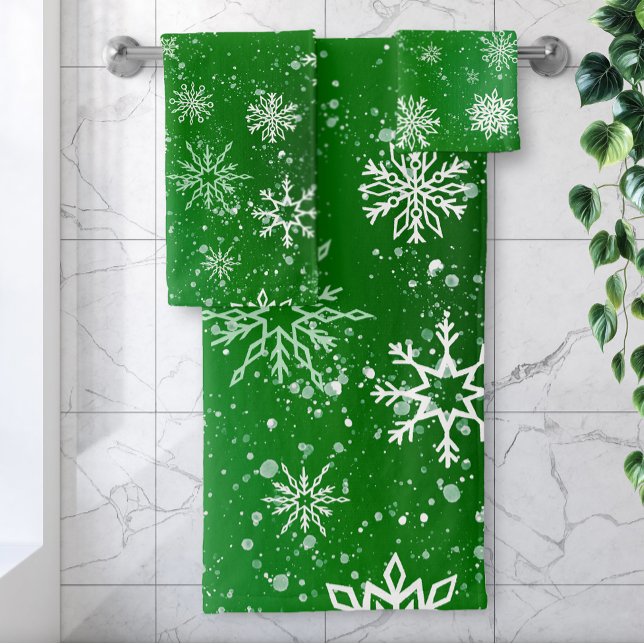 White Snowflakes Emerald Green Bath Towel Set (Creator Uploaded)