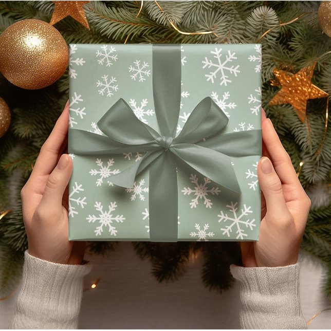 White Snowflakes Green On Background Christmas Wrapping Paper (Creator Uploaded)