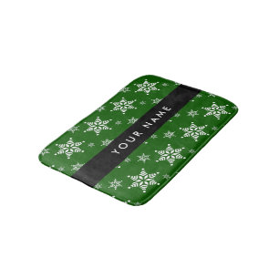 White Snowflakes, Green, Your name, Personalise Bath Mat