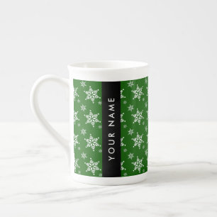 White Snowflakes, Green, Your name, Personalise Bone China Mug