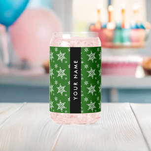 White Snowflakes, Green, Your name, Personalise Can Glass