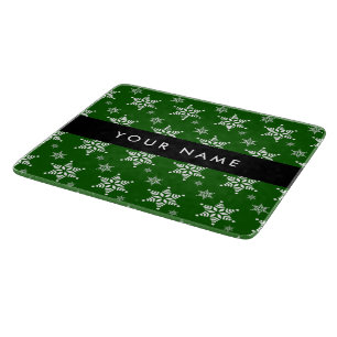 White Snowflakes, Green, Your name, Personalise Cutting Board