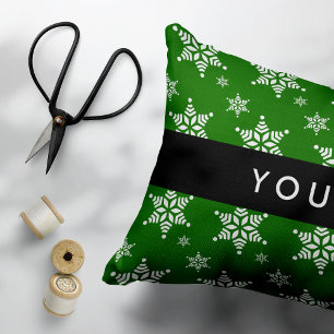 White Snowflakes, Green, Your name, Personalise Decorative Cushion