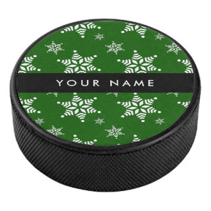 White Snowflakes, Green, Your name, Personalise Hockey Puck