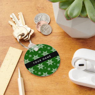 White Snowflakes, Green, Your name, Personalise Key Ring
