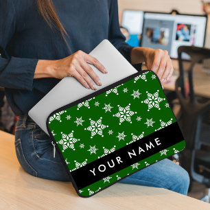 White Snowflakes, Green, Your name, Personalise Laptop Sleeve